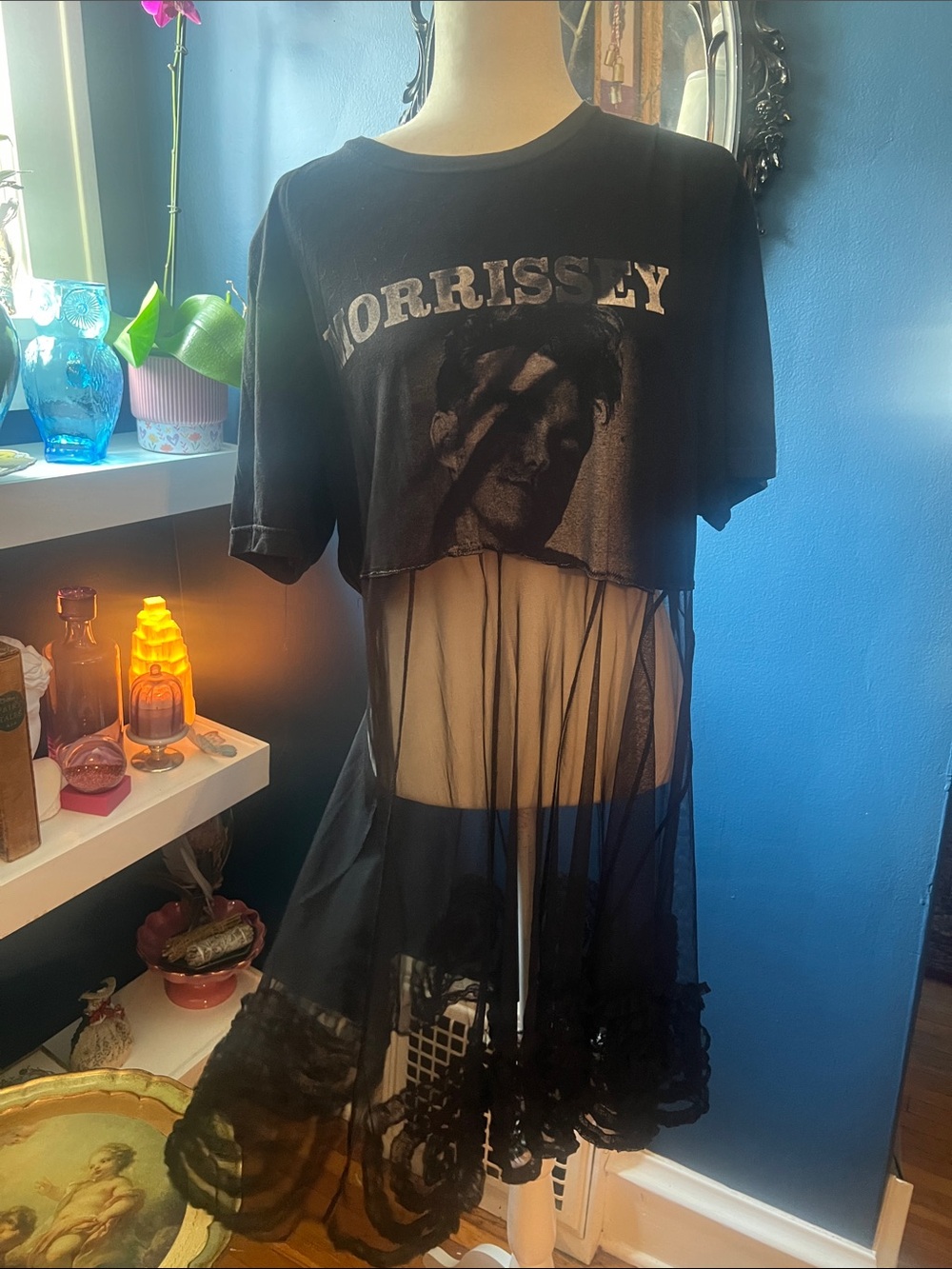 Morrissey Black Graphic Crop Top with Sheer Skirt Dress